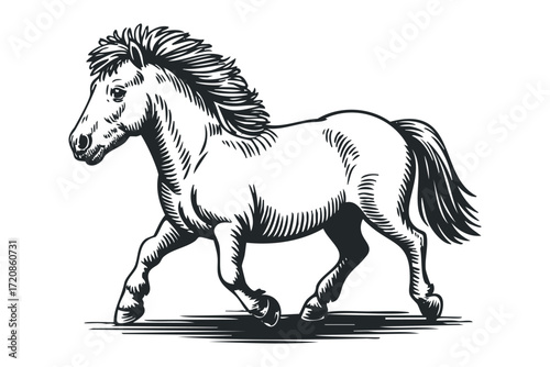 Galloping Horse Silhouette Black and White Linocut Style. Vector hand drawn illustration