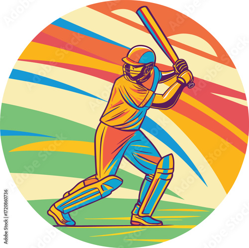 Vector art of a colorful illustration of a cricket player batting with a bat, in a circular frame with abstract background
