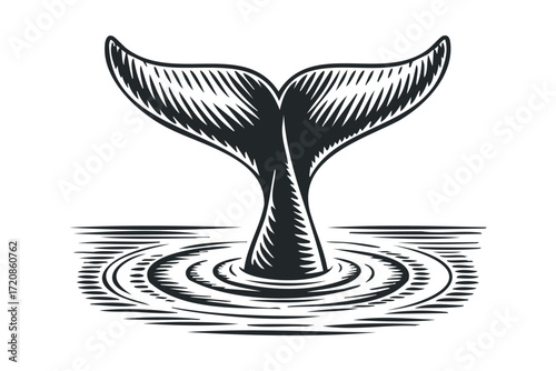 Whale tail fin emerging from water surface. Vector hand drawn illustration