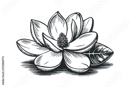 Black and white sketch of a magnolia flower with leaves. Vector hand drawn illustration