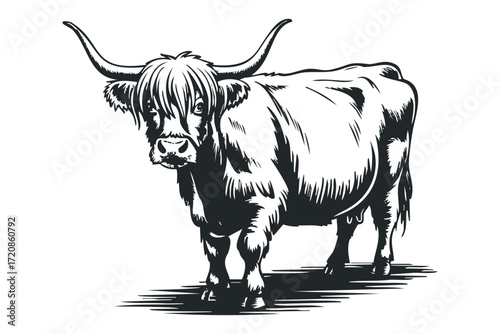 Highland Cattle with Long Horns and Shaggy Fur. Vector hand drawn illustration