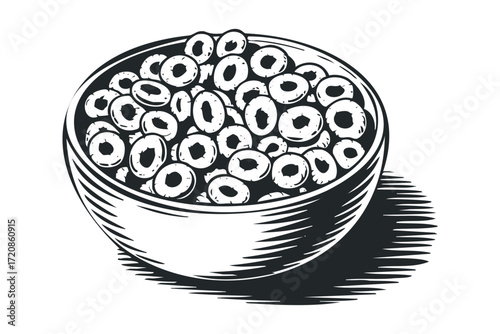 Bowl of Cereal Rings with Shadow. Vector hand drawn illustration