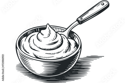 Creamy Swirl in Bowl with Spoon. Vector hand drawn illustration