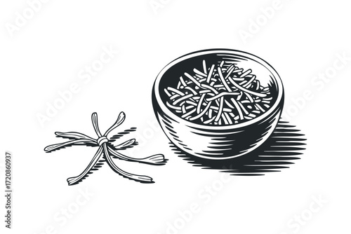 Food ingredient in bowl and on surface. Vector hand drawn illustration