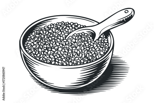 Bowl of Lentils with Scoop. Vector hand drawn illustration