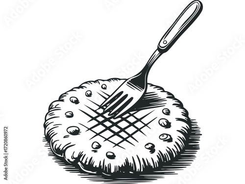 Fork piercing round textured food item. Vector hand drawn illustration