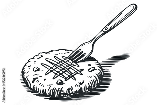 Fork piercing a textured circular food item with grill marks. Vector hand drawn illustration