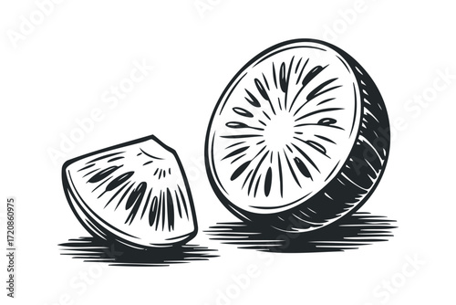 Sliced kiwi fruit on white background. Vector hand drawn illustration