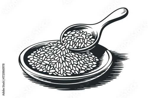 Grains Pouring From Scoop Into Bowl Graphic. Vector hand drawn illustration
