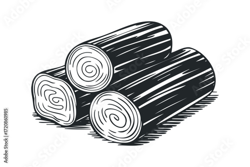 Three cut logs stacked together with wood grain texture. Vector hand drawn illustration