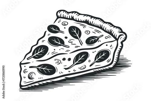 Hand Drawn Slice of Spinach Pizza. Vector hand drawn illustration