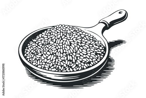 Wooden scoop filled with grain. Vector hand drawn illustration