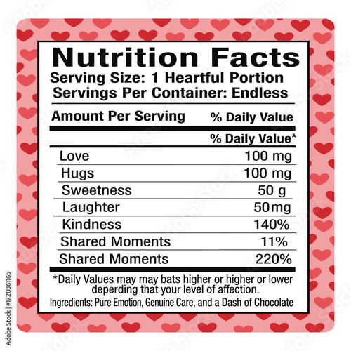 Creative valentines day nutrition facts label with love hugs kindness and laughter as ingredients