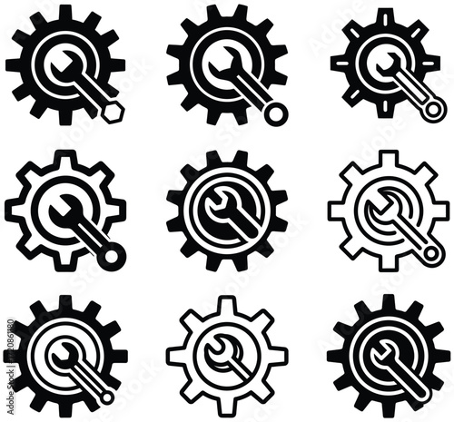Set of nine black silhouette gear and wrench icons representing mechanics and industry on a white background Keywords: gear, wrench, tool, mechanic, industry, engineering, icon