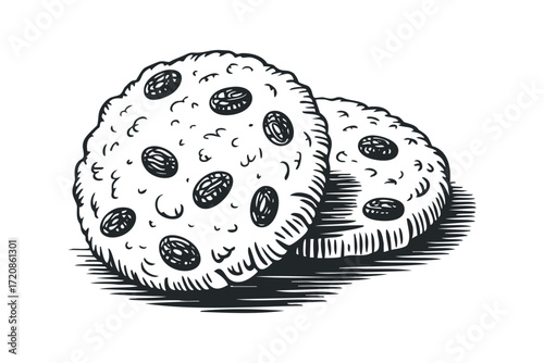 Two baked cookies with raisins depicted in linocut style. Vector hand drawn illustration