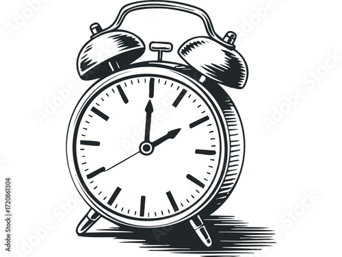 Vintage Alarm Clock with Two Bells. Vector hand drawn illustration