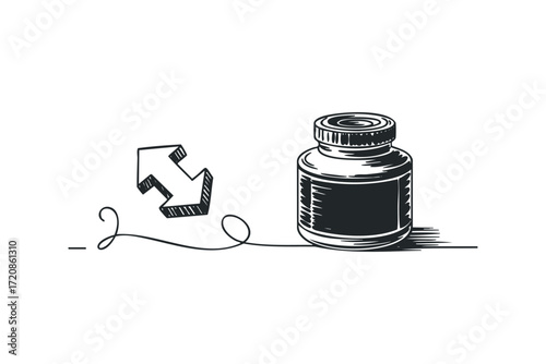 Sketch of medication bottle with directional arrow. Vector hand drawn illustration