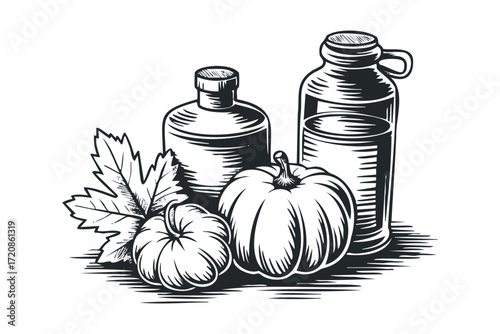 Still Life with Pumpkins and Glass Bottles. Vector hand drawn illustration