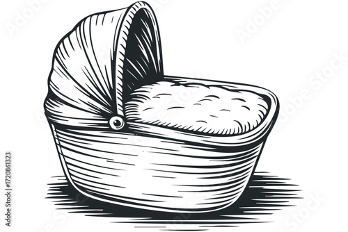 Woven Baby Bassinet Object Line Drawing. Vector hand drawn illustration