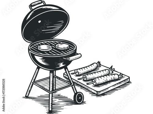 Barbecue grill with burgers and sausages cooking. Vector hand drawn illustration