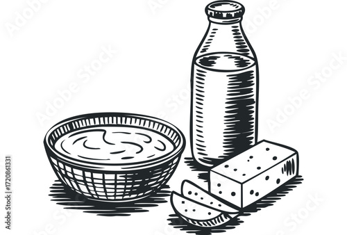 Hand drawn dairy products arranged on white. Vector hand drawn illustration