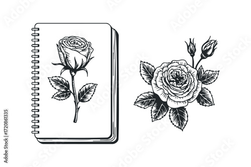 Sketchbook page displaying a rose drawing and a separate rose bouquet. Vector hand drawn illustration