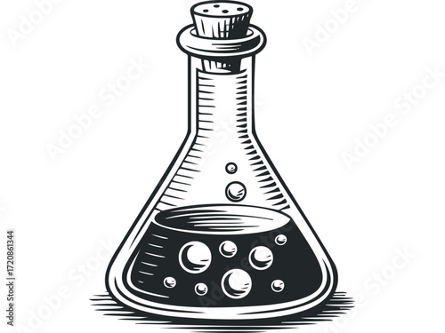 Conical Flask Filled with Bubbling Liquid and Cork Stopper. Vector hand drawn illustration