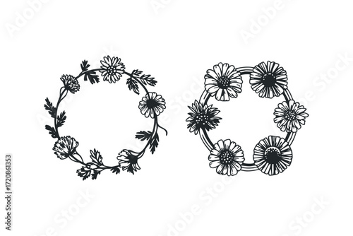 Two circular floral frames composed of daisy-like flowers and leaves. Vector hand drawn illustration
