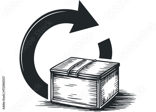 Hand drawn circular arrow graphic with shipping box icon. Vector hand drawn illustration