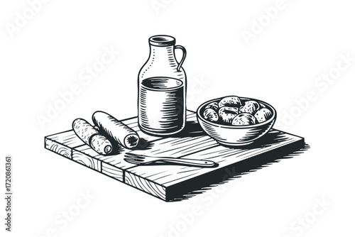 Drawn Food Ingredients With Jar And Bowl. Vector hand drawn illustration