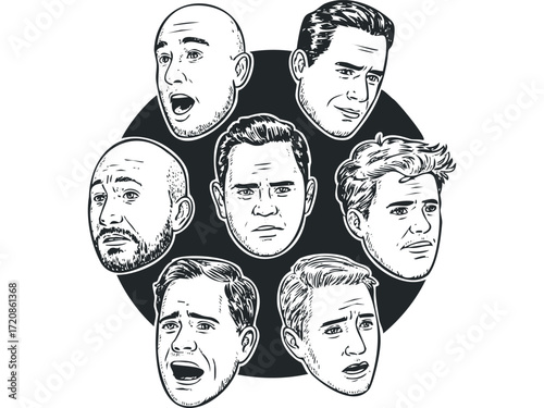 Collection of Male Faces Expressing Various Emotions. Vector hand drawn illustration