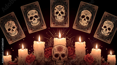  Dark Magic Tarot Reading, Occult Skull Divination Setup, Gothic Candlelit Fortune Telling