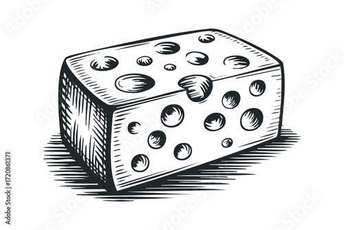 Hand Drawn Block of Cheese with Holes. Vector hand drawn illustration