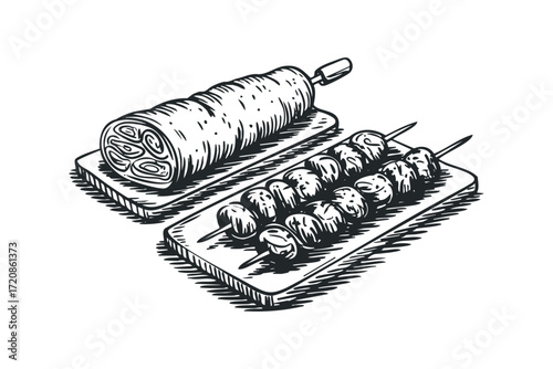 Hand Drawn Skewered Meatballs and Roll on Wooden Boards. Vector hand drawn illustration