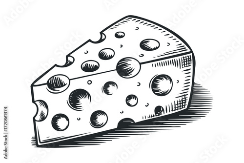 Triangular Swiss cheese wedge with holes. Vector hand drawn illustration