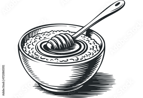 Bowl of porridge with honey dipper. Vector hand drawn illustration