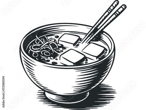 Black and white drawing of a bowl of soup with tofu and noodles. Vector hand drawn illustration