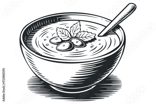 Ink sketch of a bowl of soup with garnish and spoon. Vector hand drawn illustration