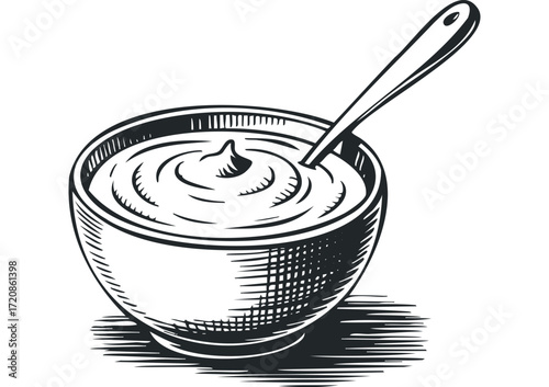 Bowl of creamy sauce with spoon. Vector hand drawn illustration