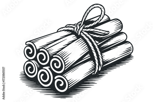 Bundled Cinnamon Sticks Tied with Twine. Vector hand drawn illustration