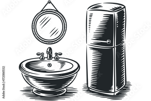 Vintage Sink and Cabinet Drawing with Round Mirror. Vector hand drawn illustration