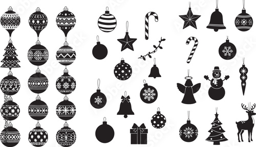 Christmas ornaments and festive figures baubles bells