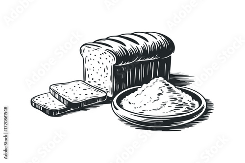 Loaf of bread with sliced pieces and pile of flour. Vector hand drawn illustration
