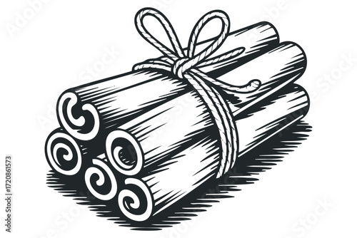 Bundle of cinnamon sticks tied with twine. Vector hand drawn illustration