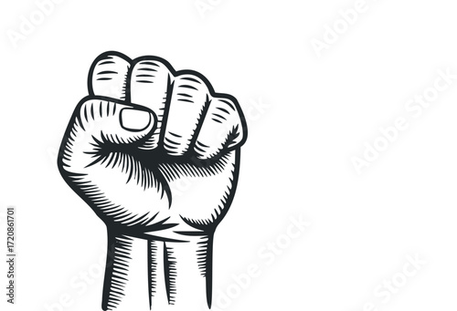 Raised Fist Black and White Symbol of Resistance. Vector hand drawn illustration