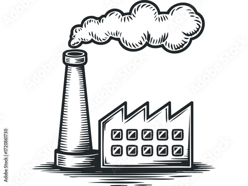 Factory chimney emitting smoke cloud industrial building. Vector hand drawn illustration