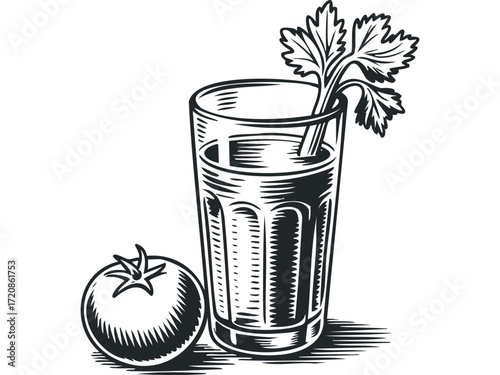 Tall glass of tomato juice with parsley and whole tomato. Vector hand drawn illustration