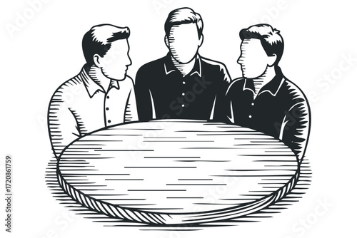 Three men in discussion around a table. Vector hand drawn illustration