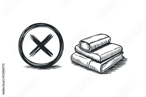 Cross Mark Symbol and Stack of Books Sketch. Vector hand drawn illustration