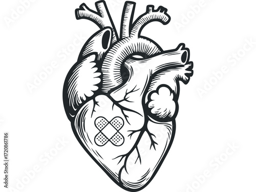 Anatomical Heart with Bandages. Vector hand drawn illustration